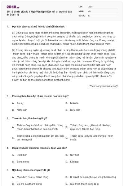 Bộ 15 đề thi giữa kì 1 Ngữ Văn lớp 8 Kết nối tri thức có đáp án ( Đề 11)