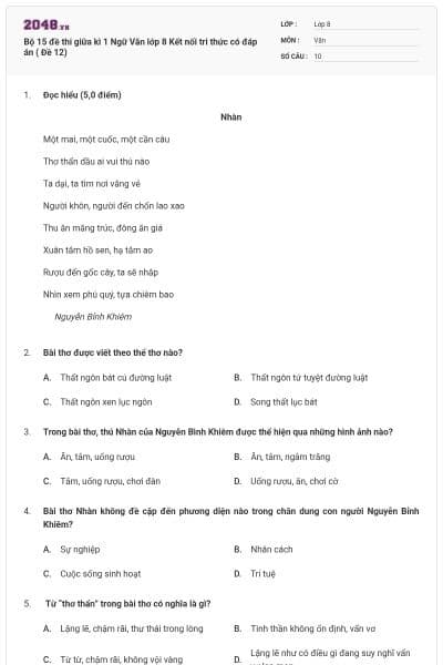Bộ 15 đề thi giữa kì 1 Ngữ Văn lớp 8 Kết nối tri thức có đáp án ( Đề 12)