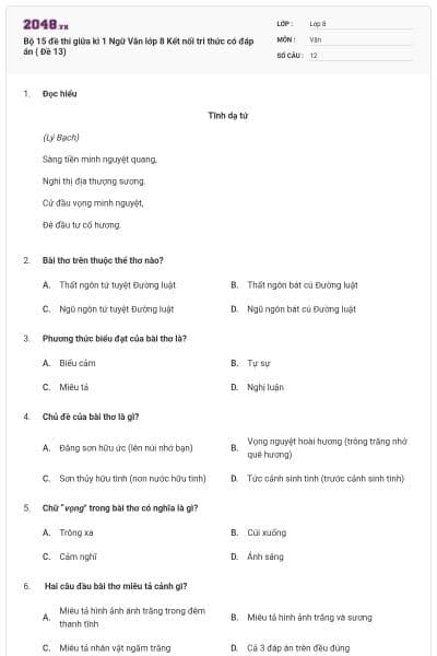 Bộ 15 đề thi giữa kì 1 Ngữ Văn lớp 8 Kết nối tri thức có đáp án  ( Đề 13)