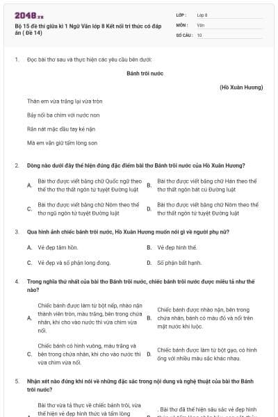 Bộ 15 đề thi giữa kì 1 Ngữ Văn lớp 8 Kết nối tri thức có đáp án ( Đề 14)