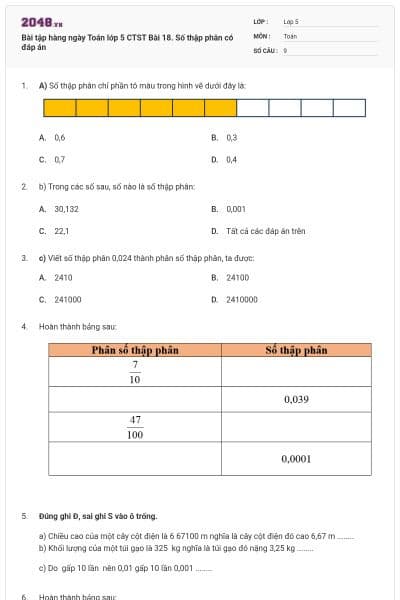 Bài tập hàng ngày Toán lớp 5 CTST Bài 18. Số thập phân có đáp án