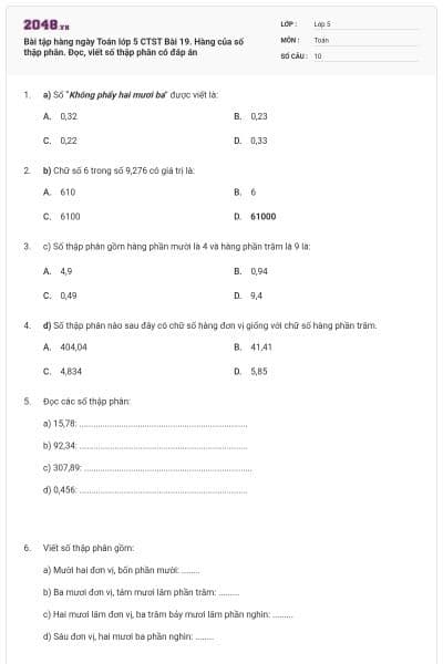 Bài tập hàng ngày Toán lớp 5 CTST Bài 19. Hàng của số thập phân. Đọc, viết số thập phân có đáp án