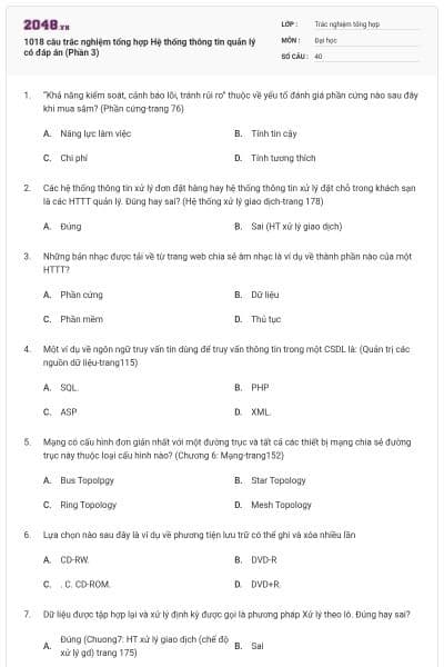1018 câu trắc nghiệm tổng hợp Hệ thống thông tin quản lý có đáp án (Phần 3)