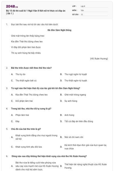 Bộ 15 đề thi cuối kì 1 Ngữ Văn 8 Kết nối tri thức có đáp án ( Đề 1 )