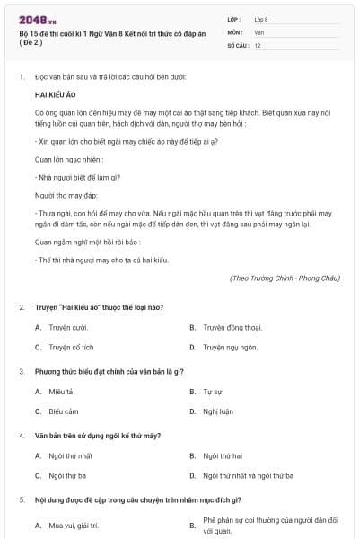 Bộ 15 đề thi cuối kì 1 Ngữ Văn 8 Kết nối tri thức có đáp án ( Đề 2 )