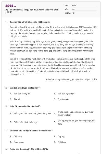 Bộ 15 đề thi cuối kì 1 Ngữ Văn 8 Kết nối tri thức có đáp án ( Đề 3 )
