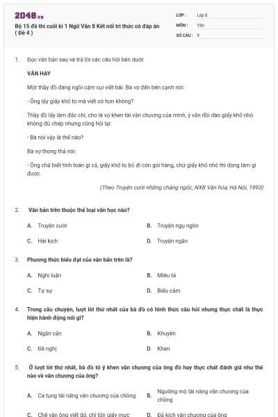 Bộ 15 đề thi cuối kì 1 Ngữ Văn 8 Kết nối tri thức có đáp án ( Đề 4 )