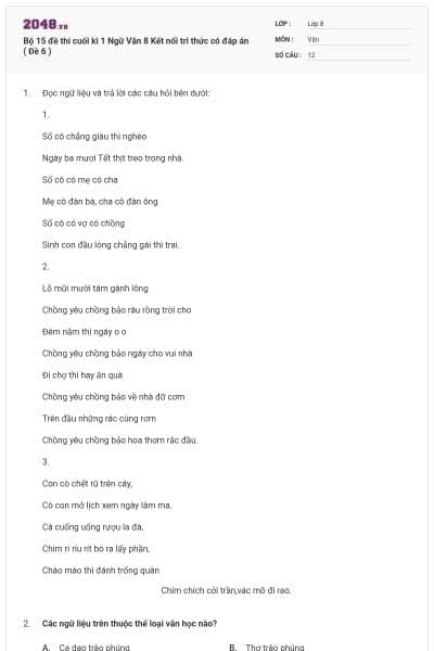 Bộ 15 đề thi cuối kì 1 Ngữ Văn 8 Kết nối tri thức có đáp án ( Đề 6 )