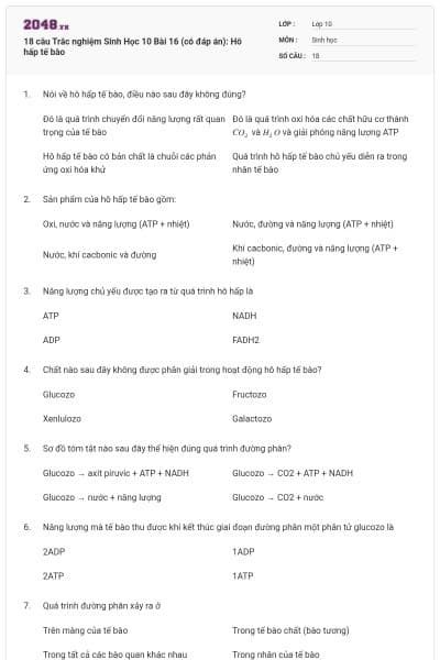 18 câu Trắc nghiệm Sinh Học 10 Bài 16 (có đáp án): Hô hấp tế bào