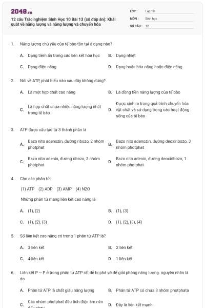 12 câu Trắc nghiệm Sinh Học 10 Bài 13 (có đáp án): Khái quát về năng lượng và năng lượng và chuyển hóa