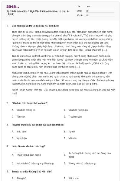 Bộ 15 đề thi cuối kì 1 Ngữ Văn 8 Kết nối tri thức có đáp án ( Đề 8 )