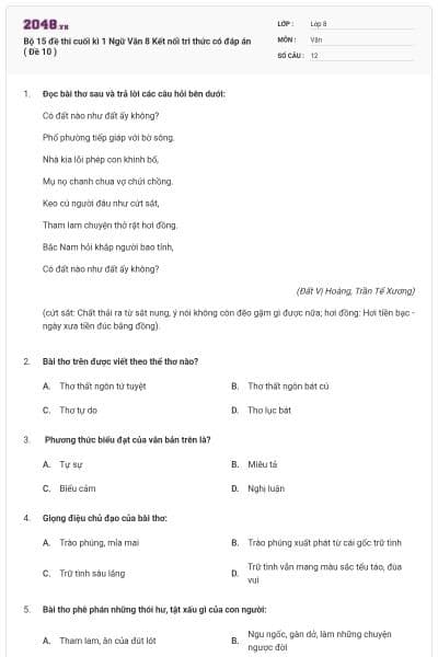 Bộ 15 đề thi cuối kì 1 Ngữ Văn 8 Kết nối tri thức có đáp án ( Đề 10 )