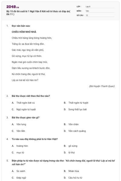 Bộ 15 đề thi cuối kì 1 Ngữ Văn 8 Kết nối tri thức có đáp án( Đề 11 )
