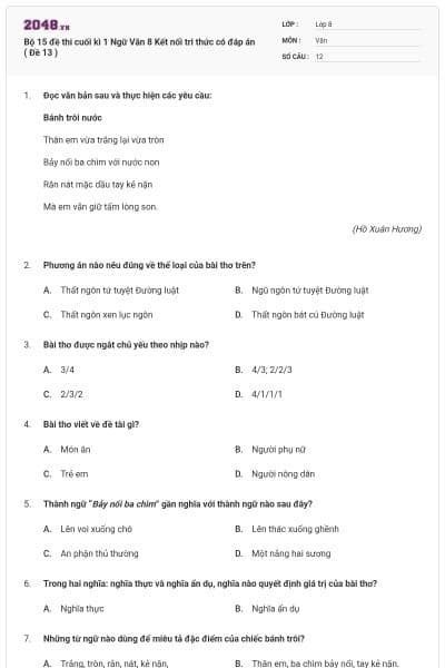 Bộ 15 đề thi cuối kì 1 Ngữ Văn 8 Kết nối tri thức có đáp án ( Đề 13 )