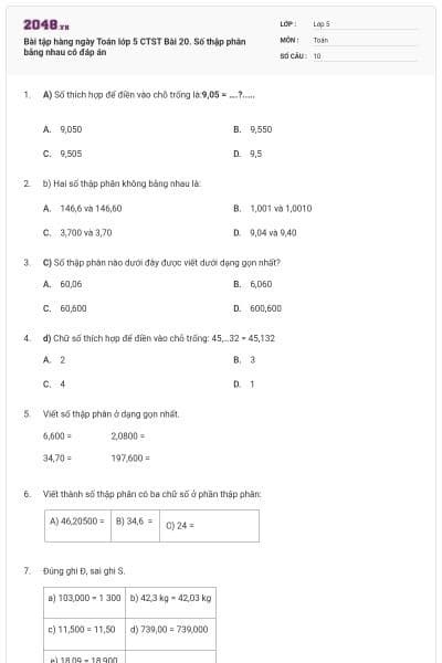 Bài tập hàng ngày Toán lớp 5 CTST Bài 20. Số thập phân bằng nhau có đáp án