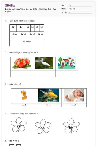 Bài tập cuối tuần Tiếng Việt lớp 1 Kết nối tri thức Tuần 2 có đáp án