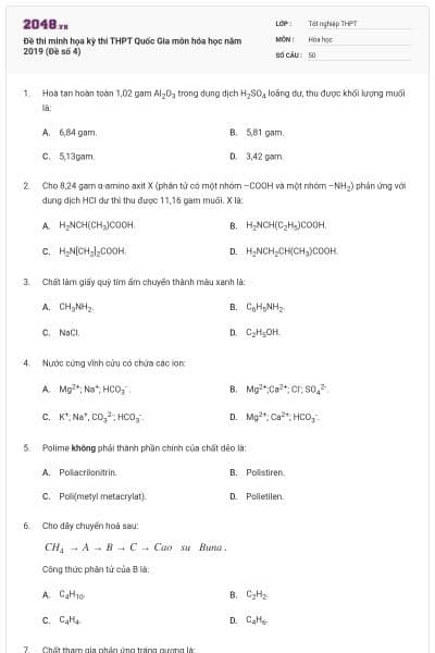 Đề thi minh họa kỳ thi THPT Quốc Gia môn hóa học năm 2019 (Đề số 4)