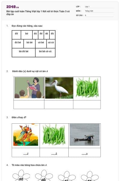 Bài tập cuối tuần Tiếng Việt lớp 1 Kết nối tri thức Tuần 3 có đáp án
