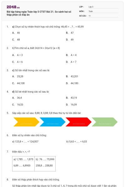 Bài tập hàng ngày Toán lớp 5 CTST Bài 21. So sánh hai số thập phân có đáp án