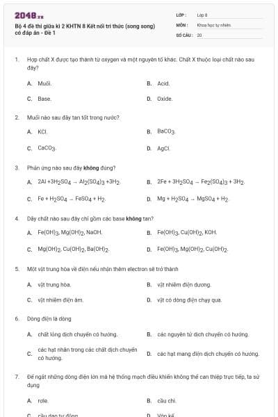 Bộ 4 đề thi giữa kì 2 KHTN 8 Kết nối tri thức (song song) có đáp án - Đề 1