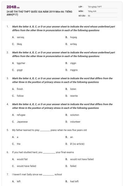 24 ĐỀ THI THỬ THPT QUỐC GIA NĂM 2019 Môn thi: TIẾNG ANH(P17)