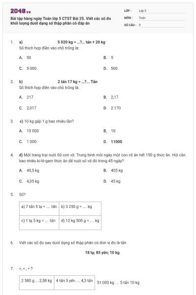 Bài tập hàng ngày Toán lớp 5 CTST Bài 25. Viết các số đo khối lượng dưới dạng số thập phân có đáp án