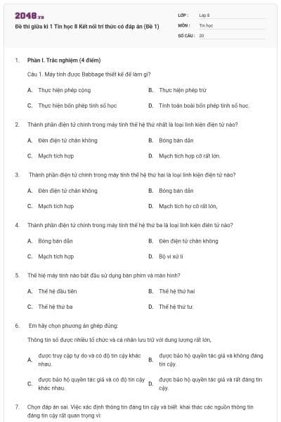 Đề thi giữa kì 1 Tin học 8 Kết nối trí thức có đáp án (Đề 1)