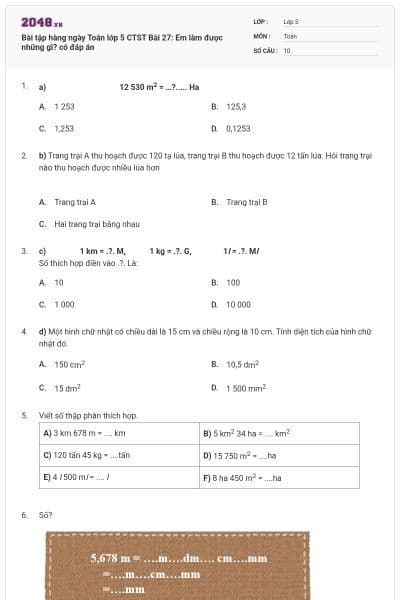 Bài tập hàng ngày Toán lớp 5 CTST Bài 27: Em làm được những gì? có đáp án