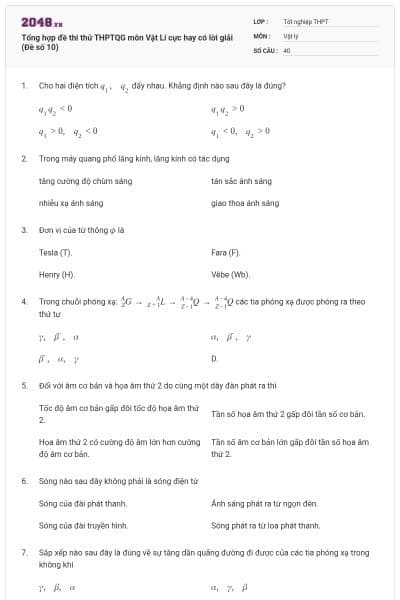 Tổng hợp đề thi thử THPTQG môn Vật Lí cực hay có lời giải (Đề số 10)