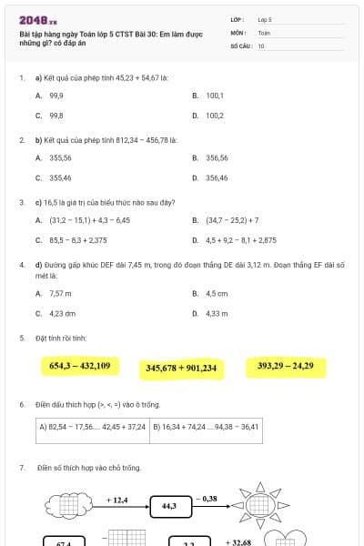 Bài tập hàng ngày Toán lớp 5 CTST Bài 30: Em làm được những gì? có đáp án
