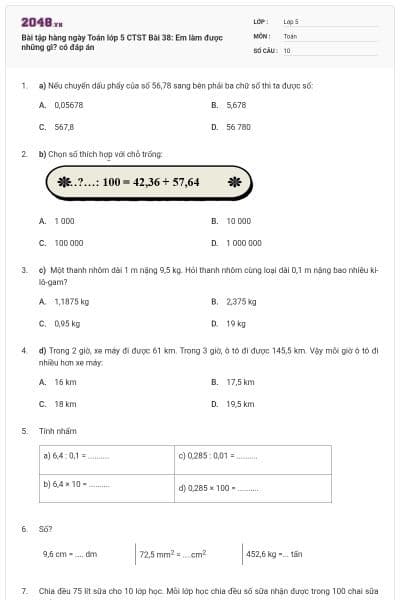 Bài tập hàng ngày Toán lớp 5 CTST Bài 38: Em làm được những gì? có đáp án