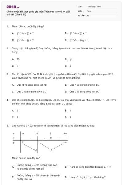 Đề ôn luyện thi thpt quốc gia môn Toán cực hay có lời giải chi tiết (Đề số 21)