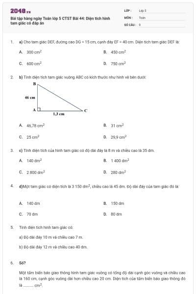 Bài tập hàng ngày Toán lớp 5 CTST Bài 44: Diện tích hình tam giác có đáp án