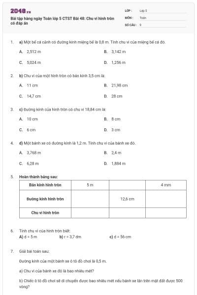Bài tập hàng ngày Toán lớp 5 CTST Bài 48: Chu vi hình tròn có đáp án