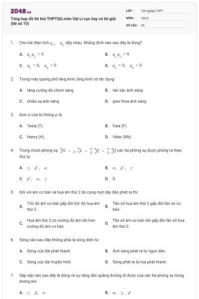 Tổng hợp đề thi thử THPTQG môn Vật Lí cực hay có lời giải (Đề số 10)