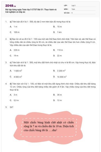 Bài tập hàng ngày Toán lớp 5 CTST Bài 51: Thực hành và trải nghiệm có đáp án