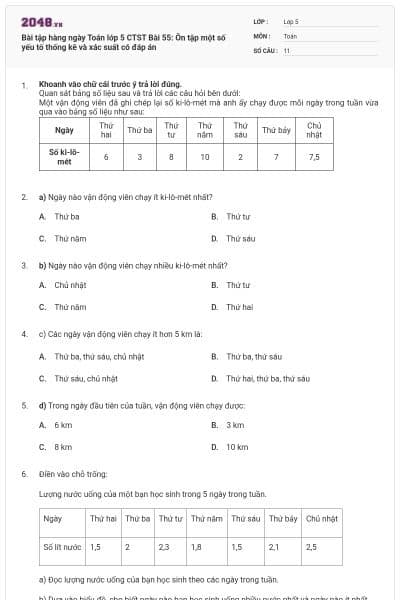 Bài tập hàng ngày Toán lớp 5 CTST Bài 55: Ôn tập một số yếu tố thống kê và xác suất có đáp án