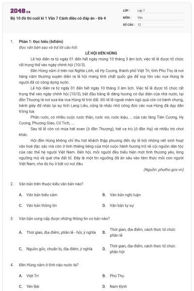 Bộ 10 đề thi cuối kì 1 Văn 7 Cánh diều có đáp án - Đề 4