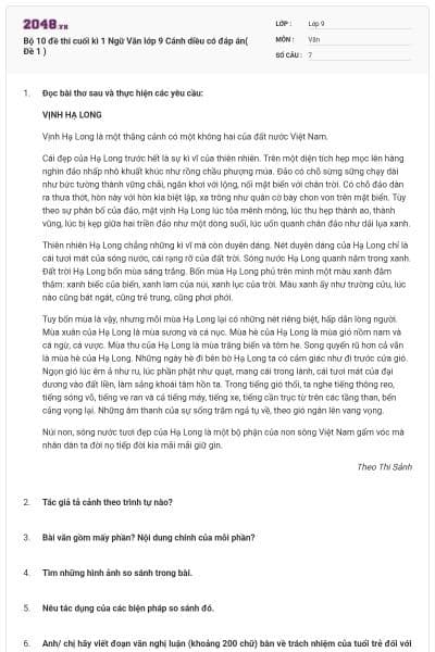 Bộ 10 đề thi cuối kì 1 Ngữ Văn lớp 9 Cánh diều có đáp án( Đề 1 )