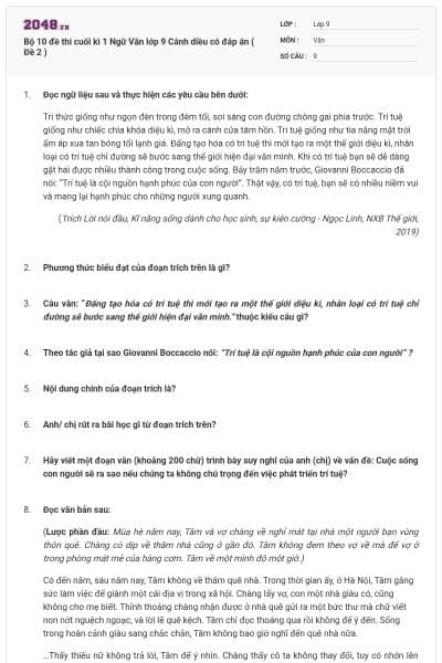 Bộ 10 đề thi cuối kì 1 Ngữ Văn lớp 9 Cánh diều có đáp án ( Đề 2 )