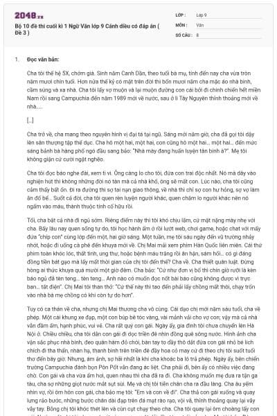 Bộ 10 đề thi cuối kì 1 Ngữ Văn lớp 9 Cánh diều có đáp án ( Đề 3 )