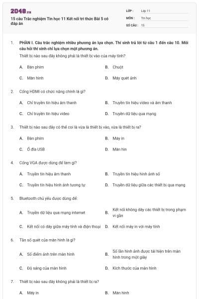 15 câu Trắc nghiệm Tin học 11 Kết nối tri thức Bài 5 có đáp án