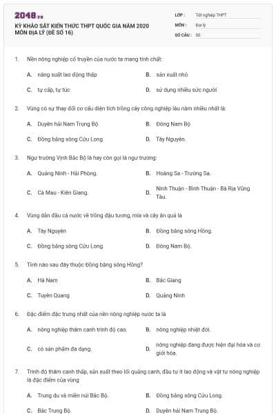 KỲ KHẢO SÁT KIẾN THỨC THPT QUỐC GIA NĂM 2020 MÔN ĐỊA LÝ (ĐỀ SỐ 16)
