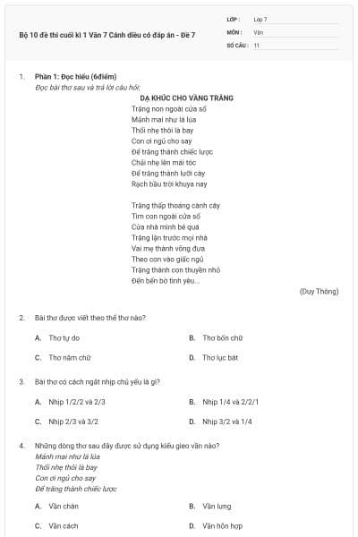 Bộ 10 đề thi cuối kì 1 Văn 7 Cánh diều có đáp án - Đề 7