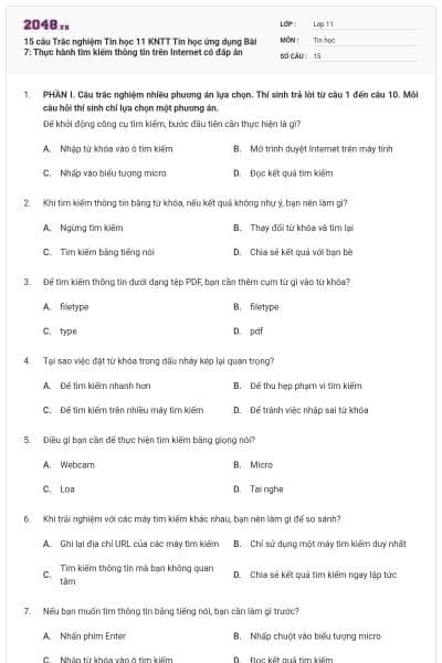15 câu Trắc nghiệm Tin học 11 KNTT Tin học ứng dụng Bài 7: Thực hành tìm kiếm thông tin trên Internet có đáp án