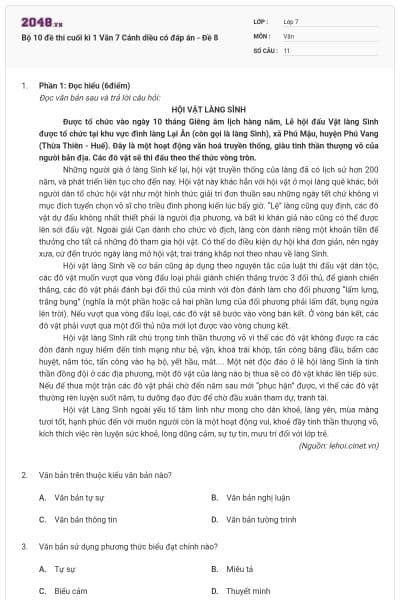 Bộ 10 đề thi cuối kì 1 Văn 7 Cánh diều có đáp án - Đề 8