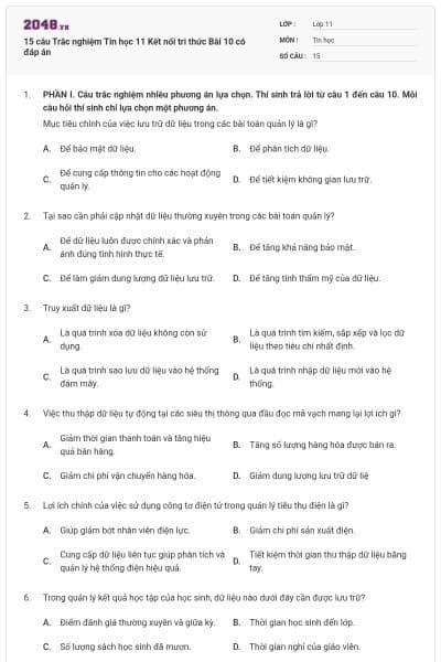 15 câu Trắc nghiệm Tin học 11 Kết nối tri thức Bài 10 có đáp án