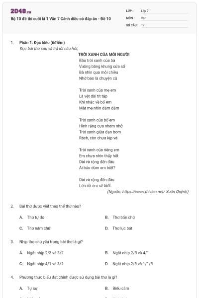 Bộ 10 đề thi cuối kì 1 Văn 7 Cánh diều có đáp án - Đề 10