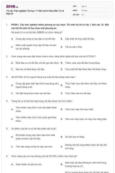 15 câu Trắc nghiệm Tin học 11 Kết nối tri thức Bài 12 có đáp án