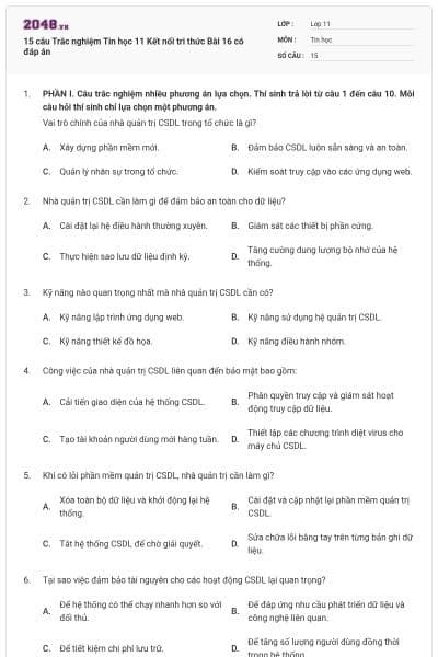 15 câu Trắc nghiệm Tin học 11 Kết nối tri thức Bài 16 có đáp án